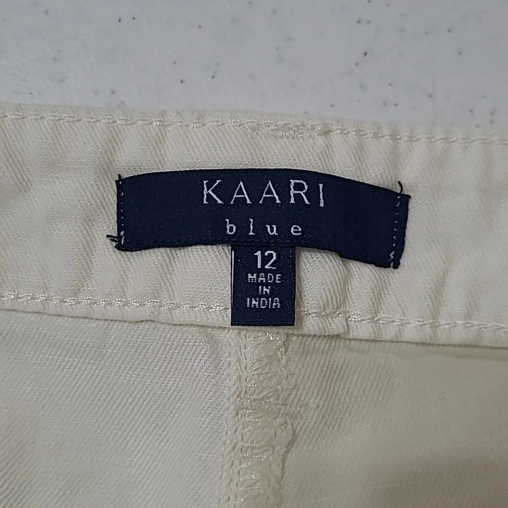 Kaari Blue Cream Linen Blend Ankle Pants with Fringe Hem size 12